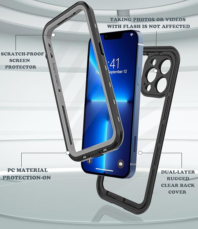 for iPhone 13 Pro Case Waterproof Shockproof Dustproof Full-Body Sturdy with Camera Lens Protector and Built-in Screen Protector,Underwater Full Sealed Cover Protective for iPhone 13 Pro