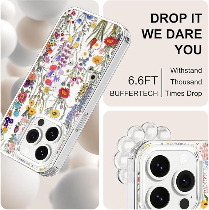 MOSNOVO Case for iPhone 14 Pro, [Buffertech 6.6ft Military-Grade Drop Protection] [Anti Peel Off Tech] Clear TPU Bumper Phone Case Cover Design - Wildflower Meadow