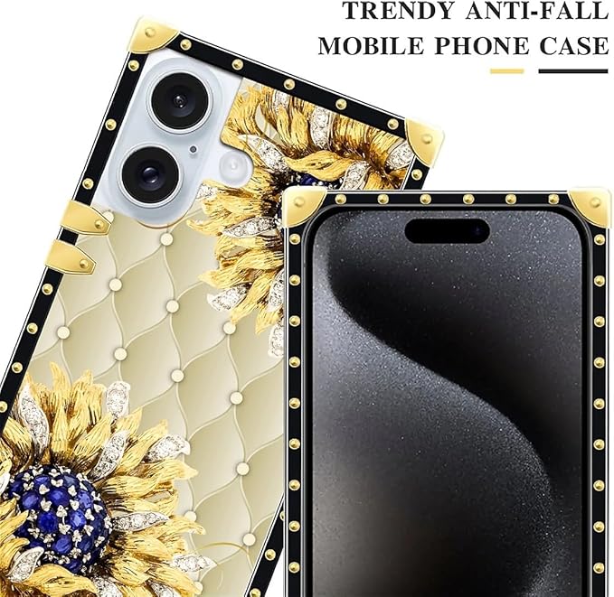 Compatible with iPhone 16 Case, Sunflower Diamonds Leather Luxury Golden Decoration for Girl Women Soft TPU Shockproof Protective Hard PC Back for iPhone 16