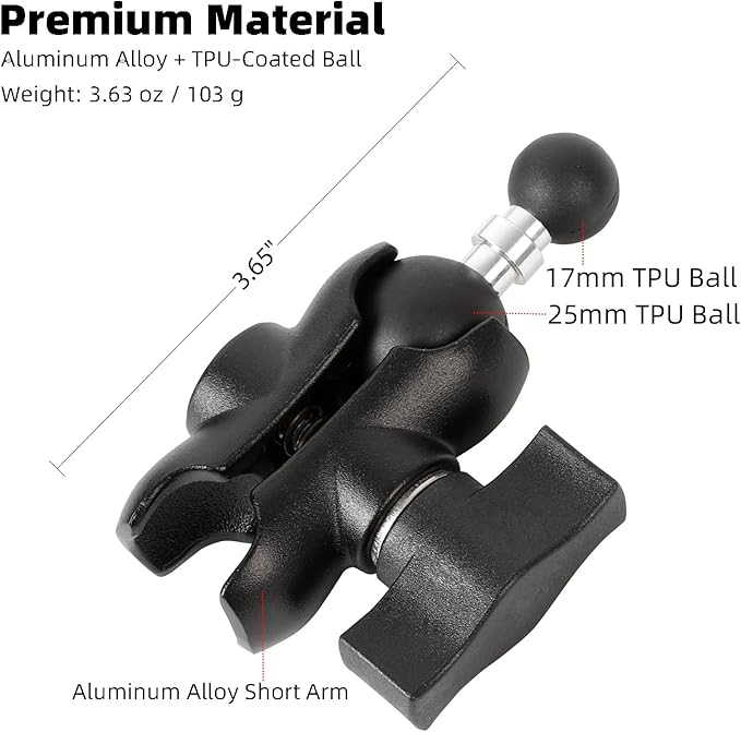 1" to 17mm Ball Adapter with 2.36" Short Double Socket Arm, Compatible with RAM B Size Mounts, Suitable for Garmin GPS Mount and 17mm Swivel Ball Mounting Phone Holders