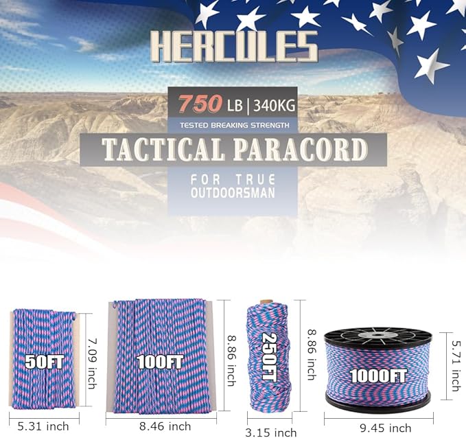 HERCULES 750lb Paracord 4mm 11 Strands Tactical Parachute Cord, 50' 100' 250' 1000' Utility Rope for Camping, Survival, Outdoor Gear (Pink Blue Plaid, 250FT)