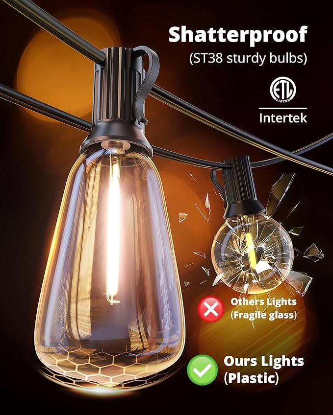 VIPAR Outdoor String Lights, 100FT 52 ST38 Bulbs Patio Lights Outdoor Waterproof, Shatterproof Vintage Edison LED Outside Hanging Light for Backyard, Porch, Garden, Deck, Bistro, 2700K Dimmable