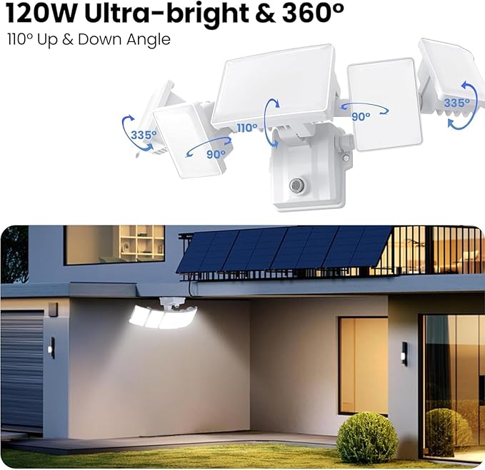 Olafus 120W Plug in Flood Lights Dusk to Dawn LED Outdoor Light with Remote, 5 Adjustable Heads IP65 Waterproof LED Security Light with Photocell for Yard Garden Porch White