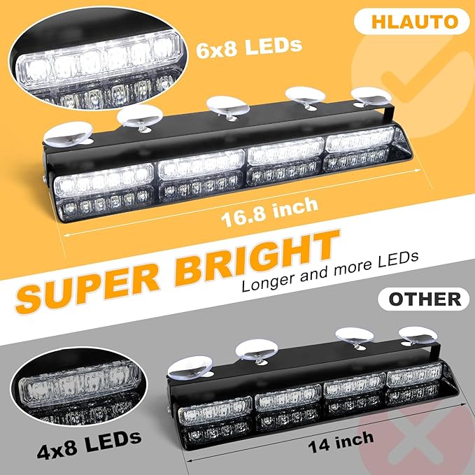 HLauto 6Z4J Emergency Dash Strobe Lights: 2x16.8 inch White Safety Lights, 48 LED Flashing Warning Hazard Interior Windshield Visor Traffic Light Bar for Trucks, Construction Vehicles
