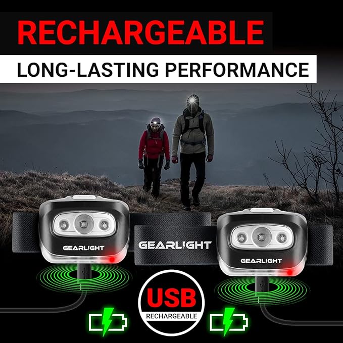 GearLight USB Rechargeable Headlamp Flashlight for Running, Camping, and Outdoor LED Headlight Camping Headlamps - Head Lamp Light for Adults, Kids, Emergency Gear - Black - 2 Pack