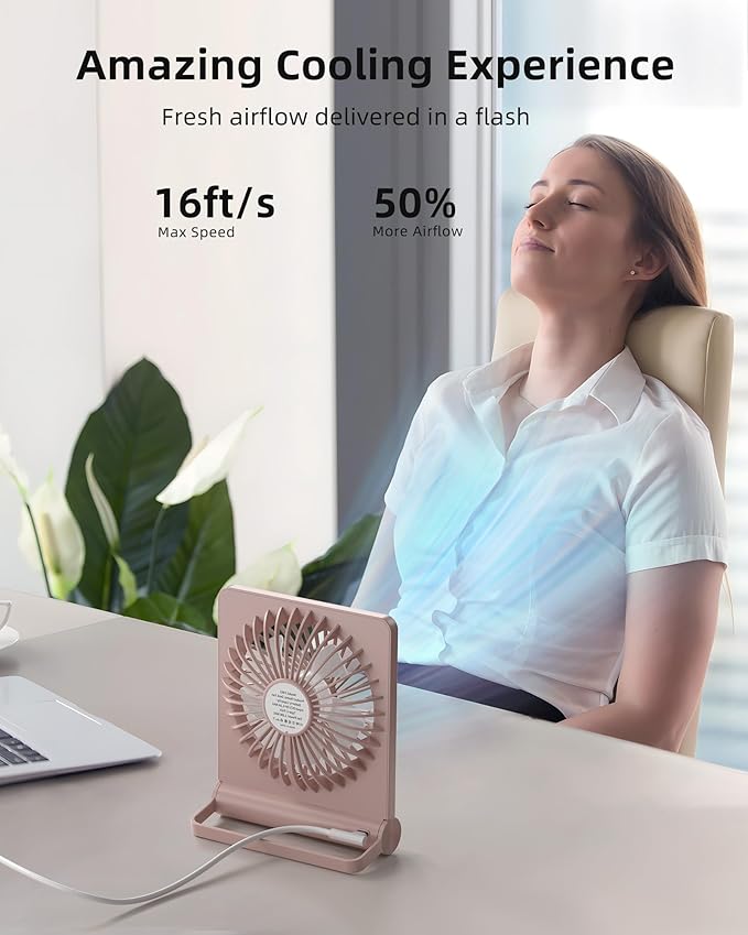 Koonie USB Fan, Strong Wind Ultra Quiet Small Desk Fan 220° Tilt Folding 3 Speeds Adjustable USB-C Powered Personal Fan for Home Office Desktop, Pink, NO BATTERY