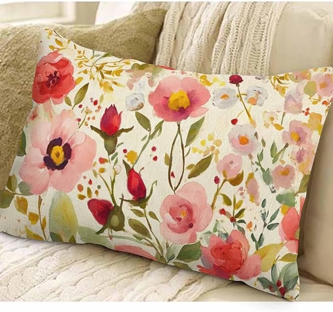 EKOBLA Peony Flower Decorative Throw Pillow Case Vintage Hand Drawn Floral Colorful Leaves Lumber Pillow Cases for Outdoor Square Couch Chair Cushion Cover Cotton Linen 12x20 Inches