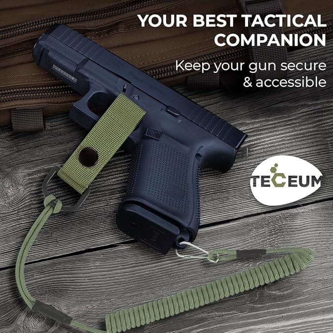 TECEUM Tactical Pistol Lanyard – 3+ Colors – Equipment Accessories for Military, Police, Security & Personal Use – Spring Safety Strap with D-Ring Keeper – Anti-Loss Elastic Coil for Belt or MOLLE