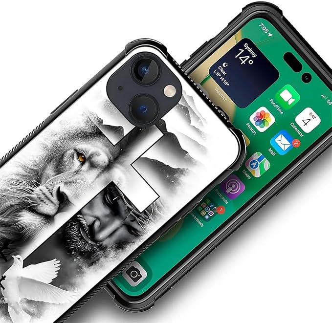 for iPhone 14 Case, Lion Cross Jesus Christ Dove Pattern Graphic Design Girl Boy Soft Silicone Hard Acrylic Shock Protection for iPhone 14