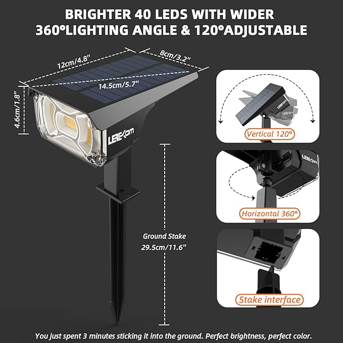 LEREKAM 3 Brightness Modes Solar Outdoor Lights with Super Bright 40LEDs, 360 Adjustable Lighting Angle, USB Charging, Longer Working Time, Waterproof, Patio, Porch, Driveway