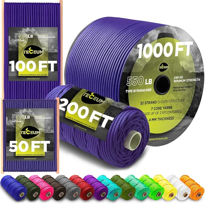 TECEUM Reflective Paracord Rope 1000 – 1000ft/200ft/100ft/50ft – 40+ Colors – Glow in The Dark – para Cord – Utility Rope for Survival, Hunting & Camping Gear – Nylon String, Camping Rope, Tent Cord