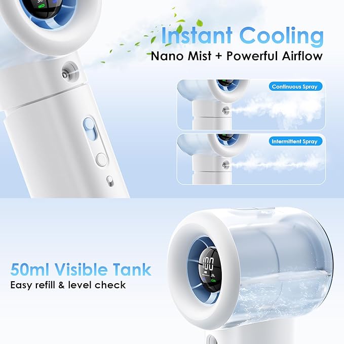 Portable Misting Fan Handheld Powerful Turbo Fan, 100 Speeds, 6000mAh Rechargeable Battery, LED Display, Spray Mist Personal Mini Fan for Travel, Beach, Outdoor Camping (Snow White)