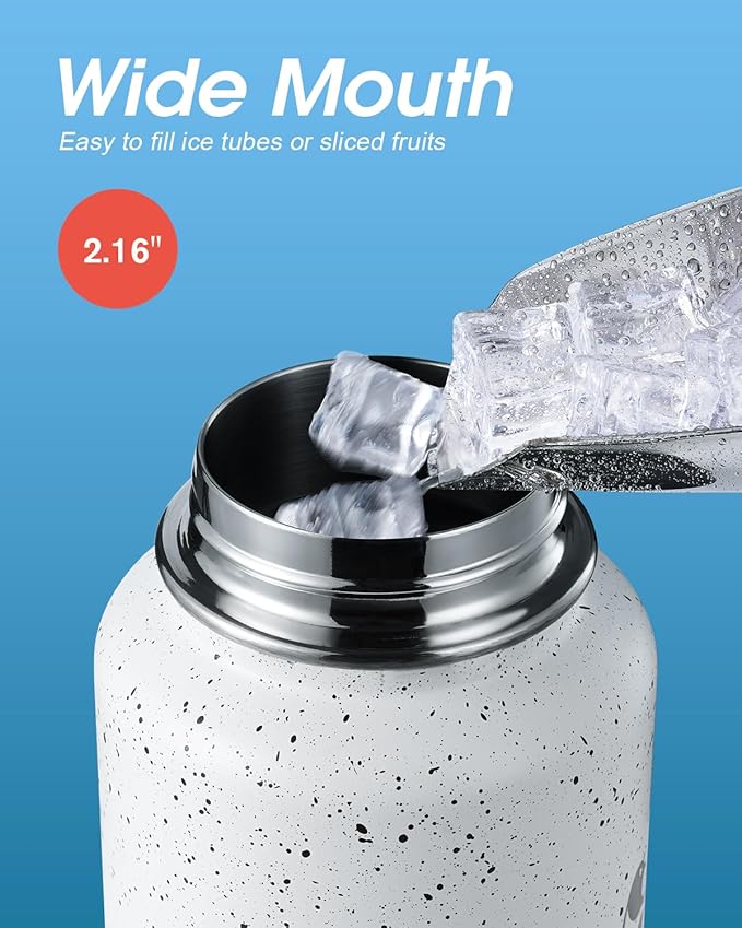 Coolflask Water Bottle 40 oz Insulated with Straw, Stainless Steel Metal 3 Lids Water Flask for Sports or Office, Keep Cold 48H Hot 24H, Arctic White