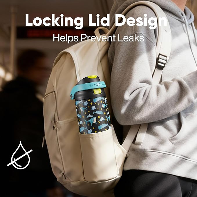 ENCOOL Leakproof Insulated Water Bottle with Straw Dual-Sip Water Bottle Bag-Safe Design for Work, Commute & Gym – Keeps Drinks Cold All Day, 24 oz, Sky Whale