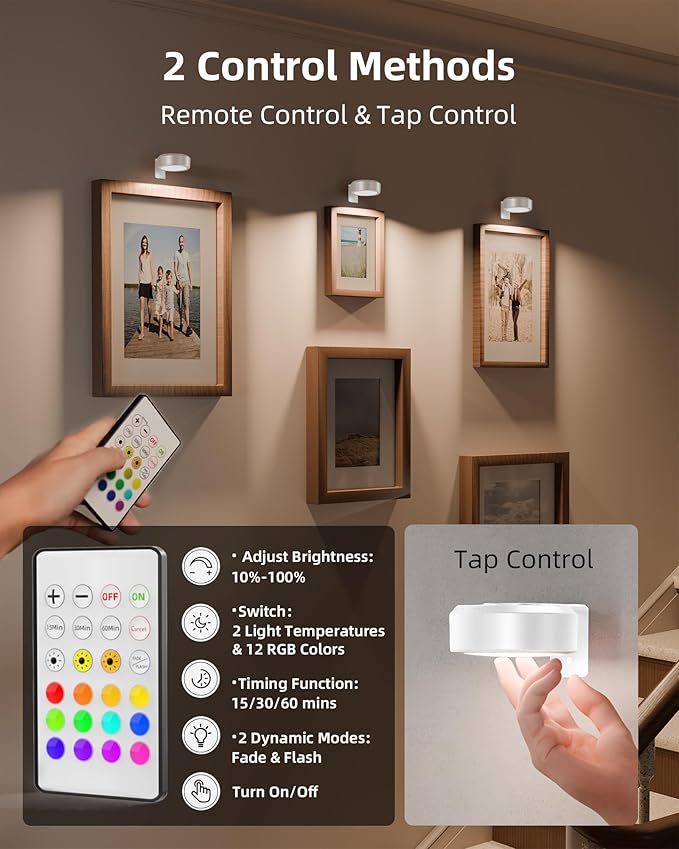 EZVALO Picture Lights for Wall, Rechargeable Battery Magnetic Poster Lights with 3 Color Temps & 12 RGB, Remote Dimmable Timer Light, Wall Decor Light for Art Display (6 Pack with Charging Station)
