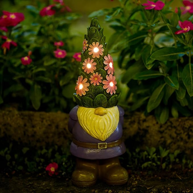 Nacome Solar Garden Outdoor Statues Gnome with Succulent and 7 LED Lights - Lawn Decor for Patio, Balcony, Yard Ornament for Mom Grandma Women