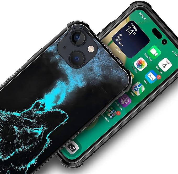 for iPhone 13 Mini Case, Blue Breathing Wolf Pattern Graphic Design Girl Boy Soft Silicone Hard Acrylic Shock Protection for iPhone 13 Mini