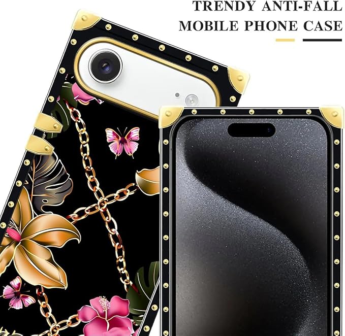 for iPhone 17 Air Case Luxury Golden Decoration for Girl Women Soft TPU Shockproof Protective Hard PC Back for iPhone 17 Air Crazy Pattern Pink Golden Chain Tropical Flower