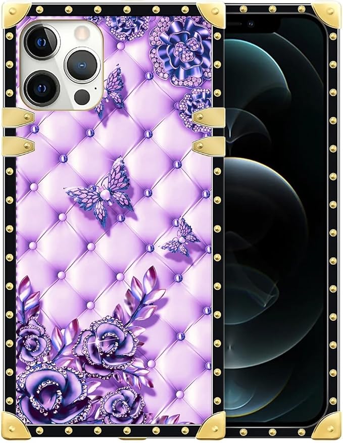 Compatible with iPhone 12 Pro Max Case, Purple Butterfly Flowers Leaf Luxury Golden Decoration for Girl Women Soft TPU Shockproof Protective Hard PC Back for iPhone 12 Pro Max