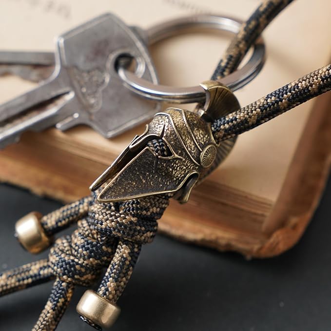 Paracord Keychain with Retro Brass Helmet Bead - Tactical EDC Accessory for Men