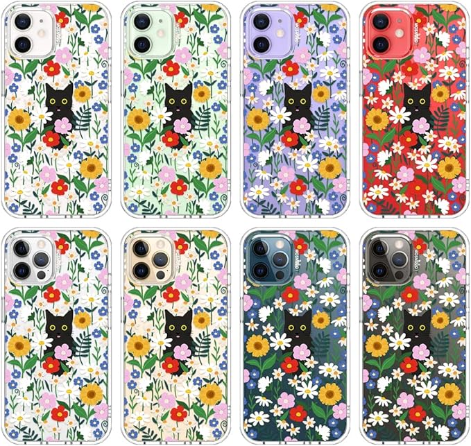 MOSNOVO Case for iPhone 12 & iPhone 12 Pro, [Buffertech 6.6ft Military-Grade Drop Protection] [Anti Peel Off Tech] Clear TPU Bumper Phone Case Cover Design - Black Cat in Garden