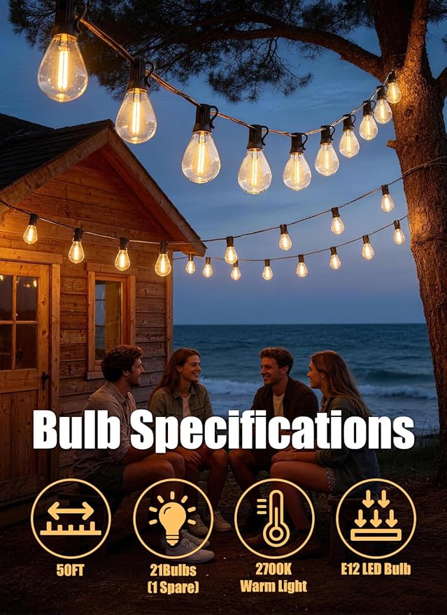 50FT Outdoor String Lights Waterproof with 20+1 Shatterproof S11 LED Bulbs, Extra Long Patio Lights Outdoor Waterproof for Backyard, Bistro Lights Outdoor, LED Lights for Outside, Cafe Lights