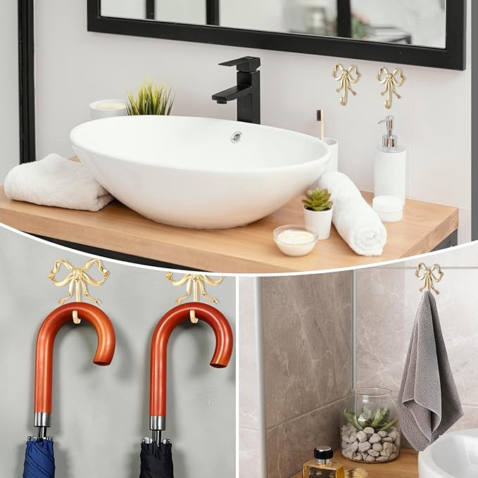 WLLHYF Small Bow Hook, 4 Pcs Bowknot Hook Decorative Bow Wall Decor Towel Hooks Multi-Purpose Hat Bright Yellow Gold Finish Wall Hooks for Bathroom Living Room Decor Hanging Coat