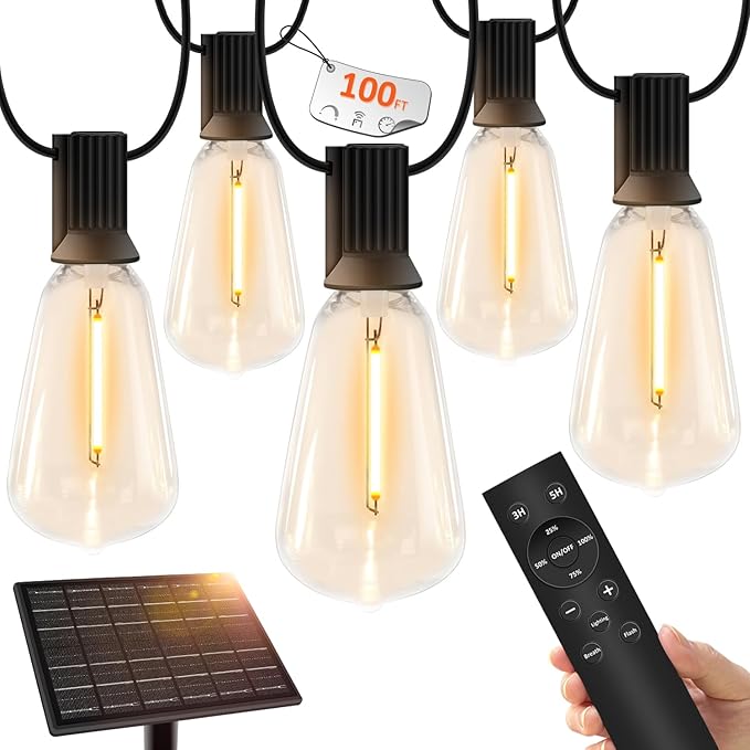100 FT Solar String Lights Outdoor Waterproof with Remote & USB Port, Solar Power Patio Hanging Lights with Dimmer, Shatterproof LED Edison Bulb Outdoor String Lights for Outside Cafe Yard Fence