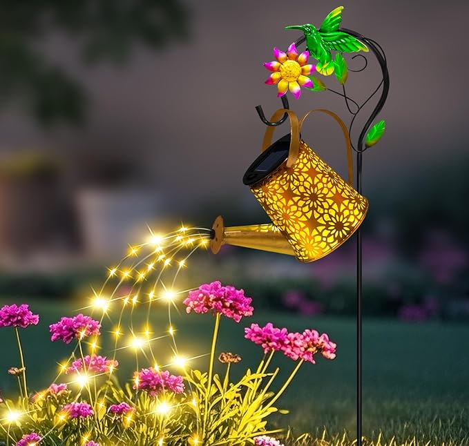 Christmas Gifts Solar Metal Watering Can with Hummingbird Shepherd Hook and Cascading Lights, Outdoor Solar Lantern for Garden, Yard, Patio Decor and Gardening Gifts for Women Mother's Day