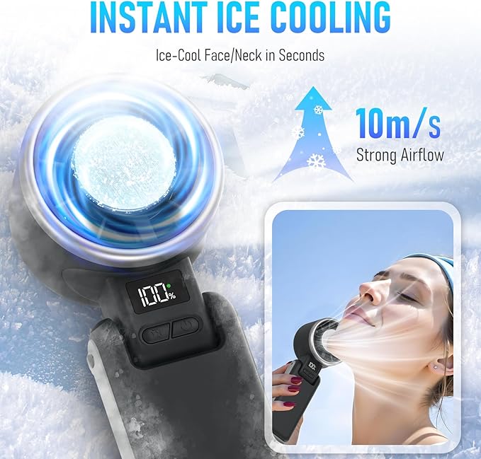 PlayHot Portable Handheld Turbo Fan with Ice Cooling, Rechargeable Personal Fan, Up tp 12Hrs Cooling, 5 Speed 25550RPM Powerful Portable Fan for Travel, Outdoor, Camping, Hiking (Black)