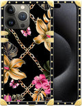Compatible with iPhone 16 Pro Max Case, Pink Golden Chain Tropical Flower Luxury Golden Decoration for Girl Women Soft TPU Shockproof Protective Hard PC Back
