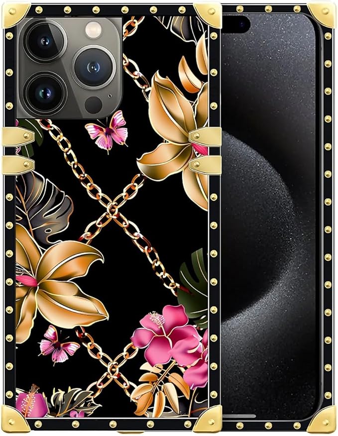 Compatible with iPhone 16 Pro Max Case, Pink Golden Chain Tropical Flower Luxury Golden Decoration for Girl Women Soft TPU Shockproof Protective Hard PC Back