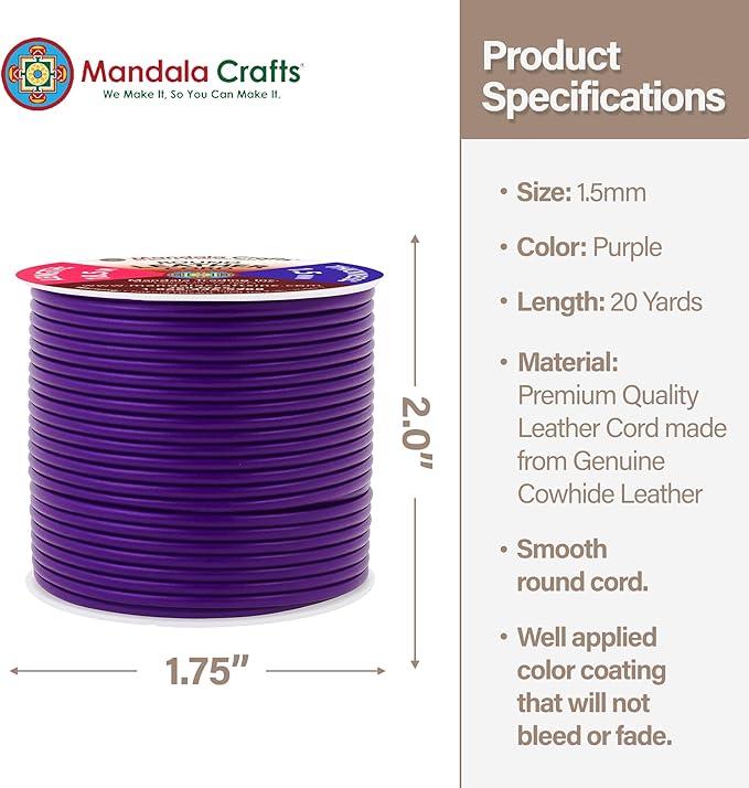 Mandala Crafts Round Genuine Purple Leather Cord for Jewelry Making – 1.5mm Cowhide Leather Rope String Lace for Kumihimo – 20 Yards Cowhide Craft Cording Spool
