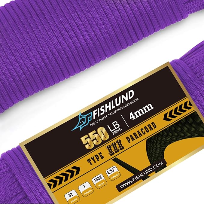 Paracord 550 lb, 7 Strand Paracord Rope 50ft 4mm, Nylon Parachute Cord for Camping, Purple