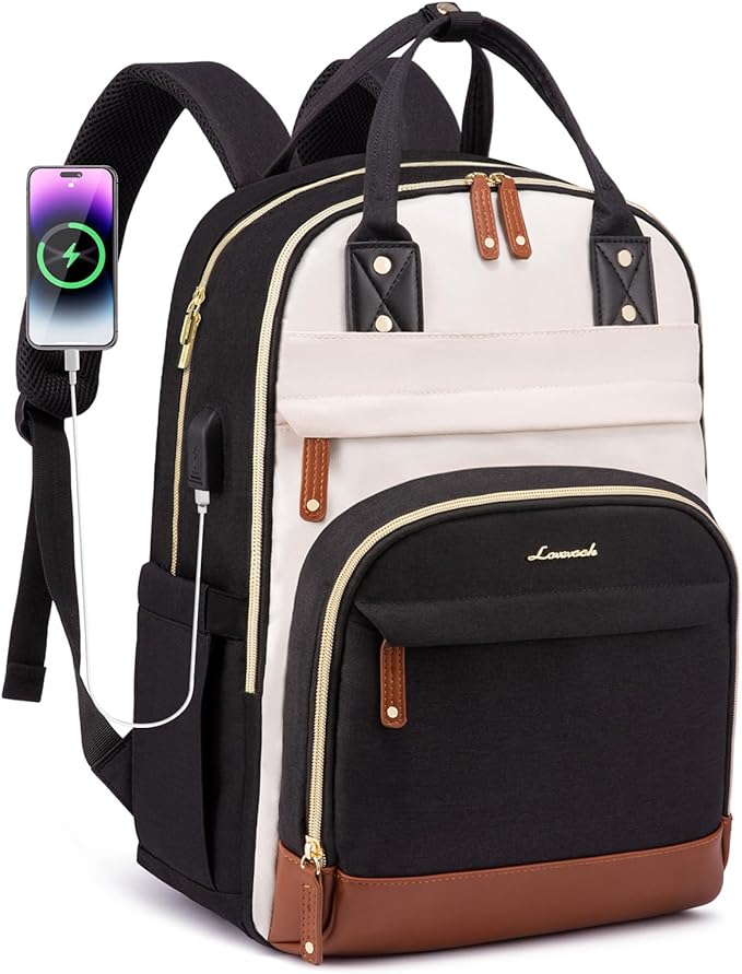 LOVEVOOK Laptop Backpack for Women with Giant Tumbler Holder Pocket,15.6 inch School College Book Bag Nurse Teacher Backpack,Waterproof Work Travel Backpack Purse Laptop Computer Bag,Beige-Black-Brown