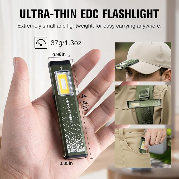 RECHOO Flat EDC Flashlight Rechargeable, 8-Mode Slim Pocket Flashlight with Magnetic Base & Clip, Lightweight Mini Rechargeable Flashlights for Everyday Carry, Working, Camping, Car Repair & Emergency