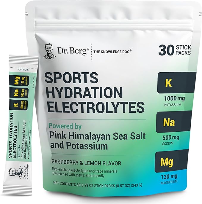 Dr. Berg Sports Hydration Electrolytes Powder w/More Salt (Pink Himalayan) - 30 Keto Electrolytes Powder Packets w/a Delicious Salty Raspberry & Lemon Flavor - Includes 1,000mg of Potassium