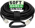 POWGRN 50 Ft 10AWG Black Outdoor Extension Cord Waterproof Heavy Duty 10 Gauge 3 Prong, Flexible Cold-Resistant Long Power Cord Outside with Lighted Indicator End, 15Amp 1875W SJTW ETL Listed