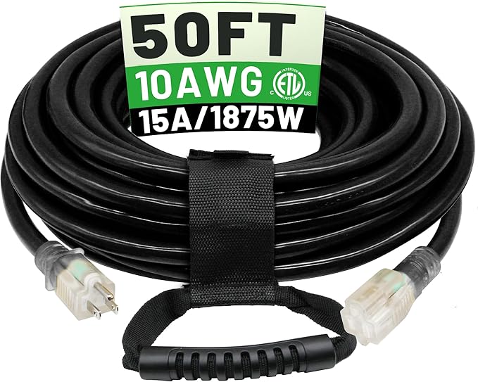 POWGRN 50 Ft 10AWG Black Outdoor Extension Cord Waterproof Heavy Duty 10 Gauge 3 Prong, Flexible Cold-Resistant Long Power Cord Outside with Lighted Indicator End, 15Amp 1875W SJTW ETL Listed