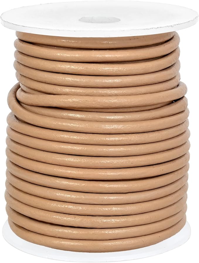GENIQUE Real/Genuine Round Leather String Cord for Necklace, Bracelets, Jewellery, Braiding (Beige, 3mm)