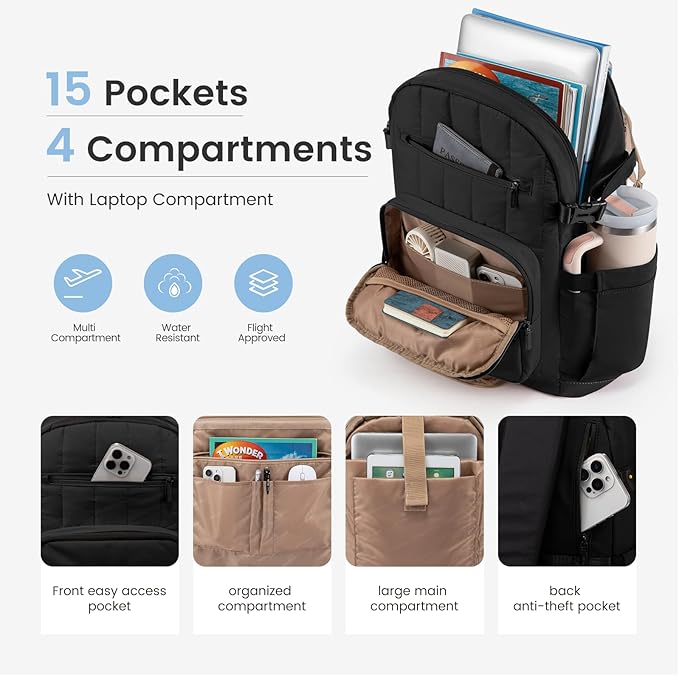 LOVEVOOK Laptop Backpack for Women with Giant Tumbler Holder Pocket,15.6 Inch Puffer Travel College Work Backpack Purse for Teacher Nurse,Waterproof Laptop Bag Computer Back Pack Casual Daypack,Khaki