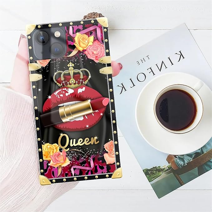 Compatible with iPhone 14 Case, Queen Lip Crown Leopard Print Luxury Golden Decoration for Girl Women Soft TPU Shockproof Protective Hard PC Back for iPhone 14