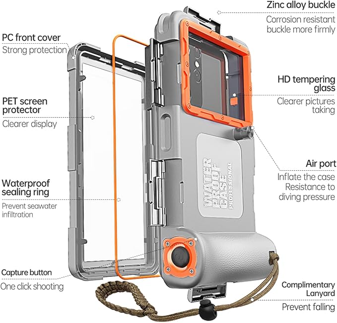 2026 Underwater Snorkeling Diving Phone Case for Phone 17/16/15/14/13/12Pro Max/Galaxy S25/S24/S23.(50ft/15m) Professional Scuba Dive Waterproof Case Underwater Photo Video（Gray）