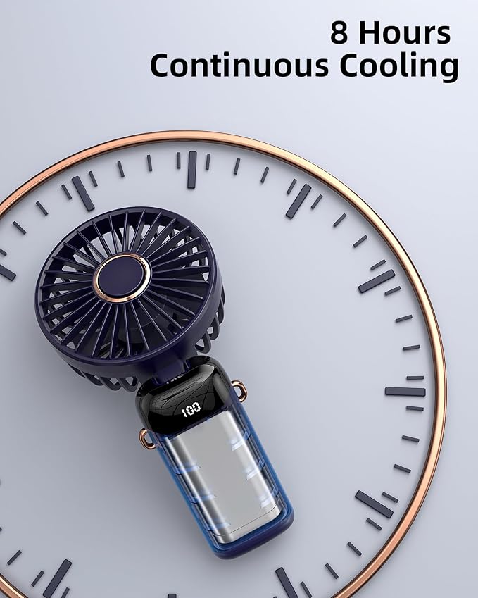 Koonie Portable Handheld Fan, Battery Operated Fan with Base, 8 Hours, Digital Display, 5 Speeds, 90° Ajustable, Rechargeable Mini Fan for Outdoor Indoor
