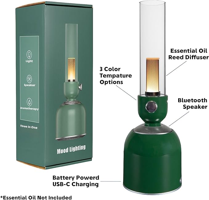 Rechargeable 3-in-1 Camping Lantern with Bluetooth Speaker, Essential Oil Diffuser, Dimmable with Tactile Knob, 1800K/2200K/2700K Tone Options, Classic Lantern Style with Rustic Green
