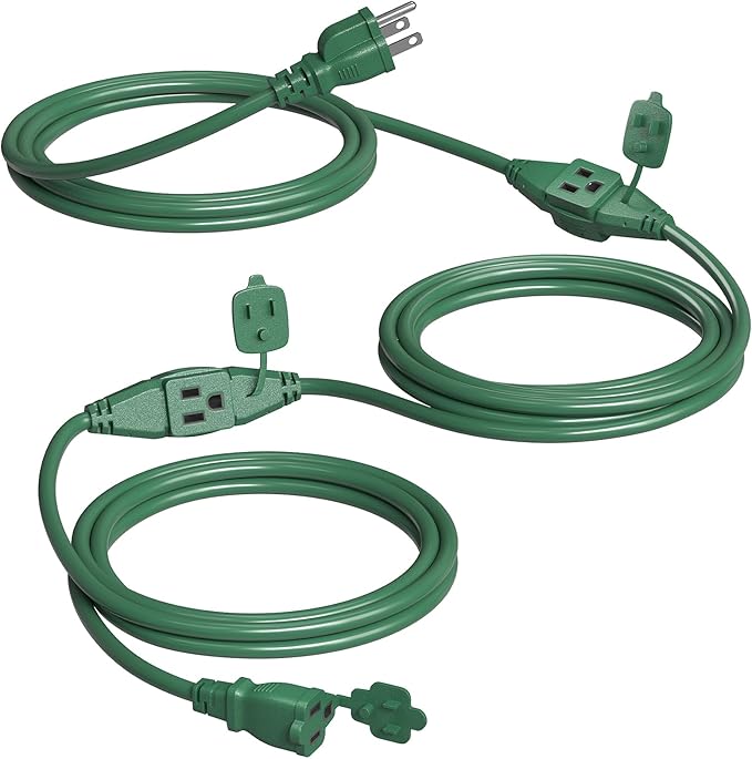 SURAIELEC 25 FT Outdoor Extension Cord with Multiple Outlets, 3 Outlet Multi Plug Power Cord, 16/3 Gauge SJTW, Weatherproof for Landscape, Christmas Tree Lights, Halloween, Holiday Decorations, Green