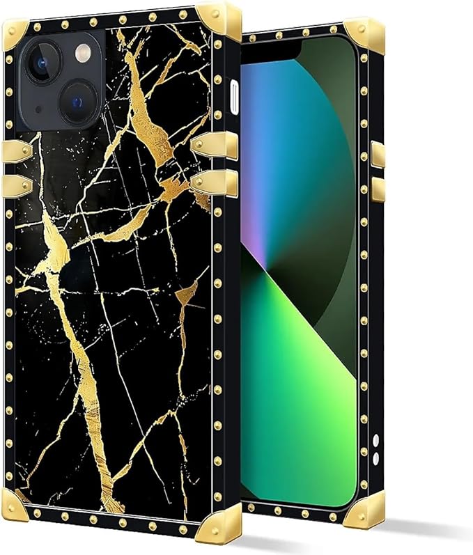 Compatible with iPhone 13 Case, Black Gold Marble Nature Luxury Golden Decoration for Girl Women Soft TPU Shockproof Protective Hard PC Back for iPhone 13