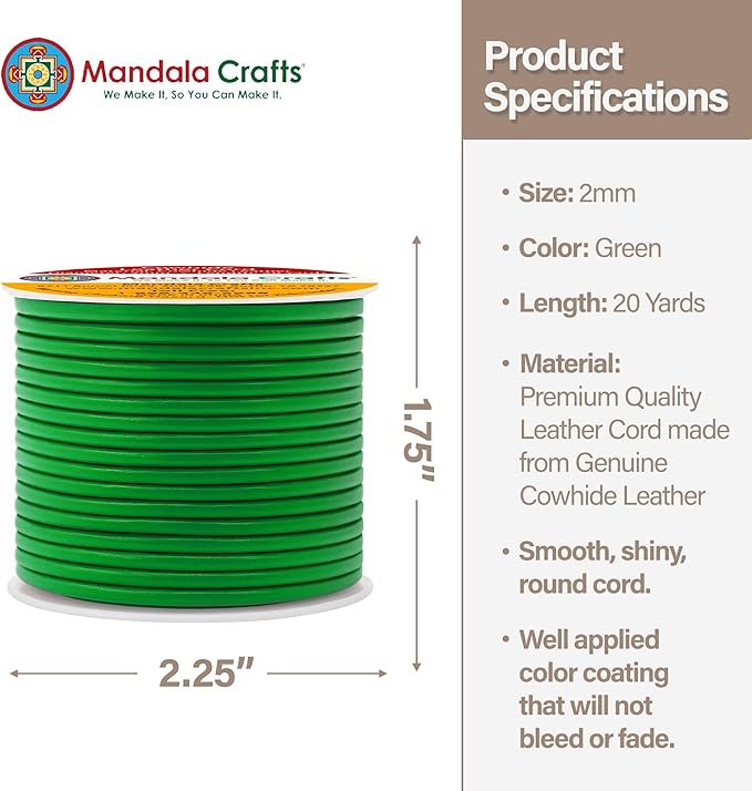 Mandala Crafts Round Genuine Green Leather Cord for Jewelry Making – 2mm Cowhide Leather Rope String Lace for Kumihimo – 20 Yards Cowhide Craft Cording Spool