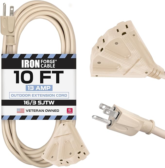 Iron Forge Cable Weatherproof 10 Ft Outdoor Extension Cord - 3 Outlet 16/3 SJTW Heavy Duty Light Brown Extension Cord 3 Prong - 13 Amp Power Cable