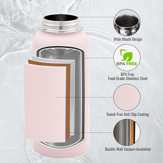 Fijinhom 32 oz Insulated Water Bottle with Handle, 304 Stainless Steel Water Bottles with Wide Mouth, Double Wall Vacuum Sports Water Bottle, BPA Free, Keep Cold and Hot, Pink